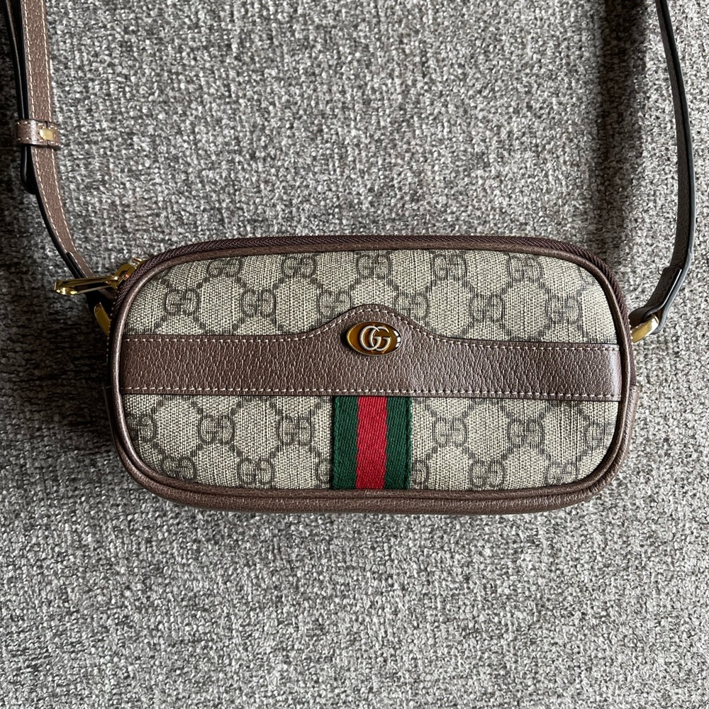 Gucci Brown Ophidia Triple Zip GG Coated Mini Canvas Crossbody Bag